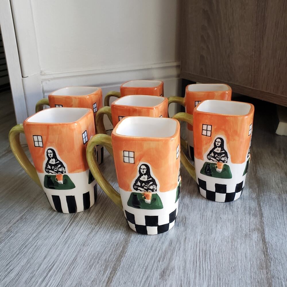 Vintage Collectable Mona Lisa Ceramic Mugs Cups Frangelico & Coffee Set of 7